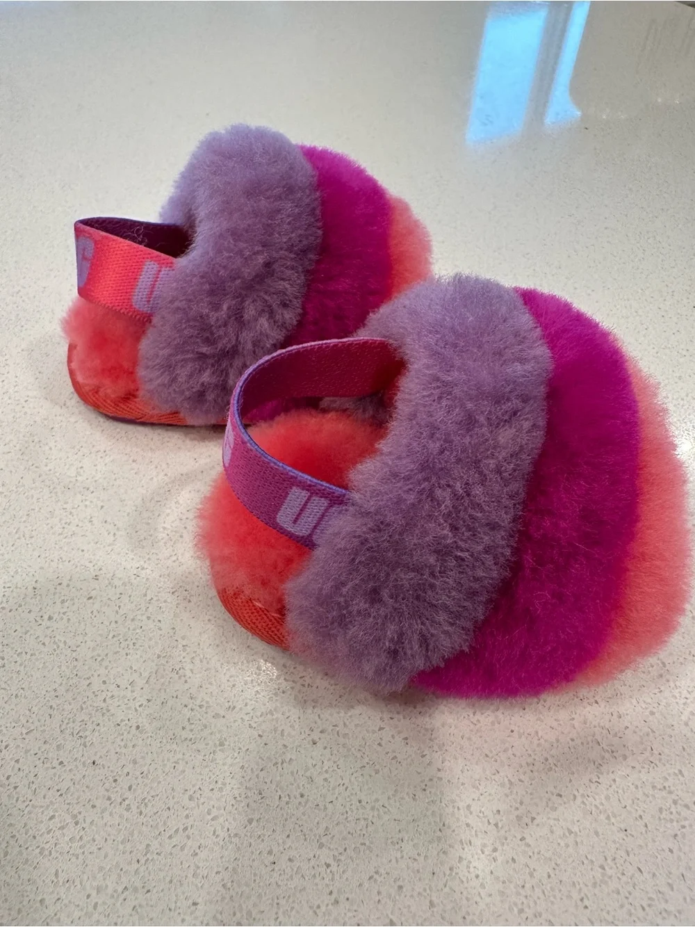 UGG Kids Multicolor Fuzzy Slide Slippers - Purple, Pink, Coral